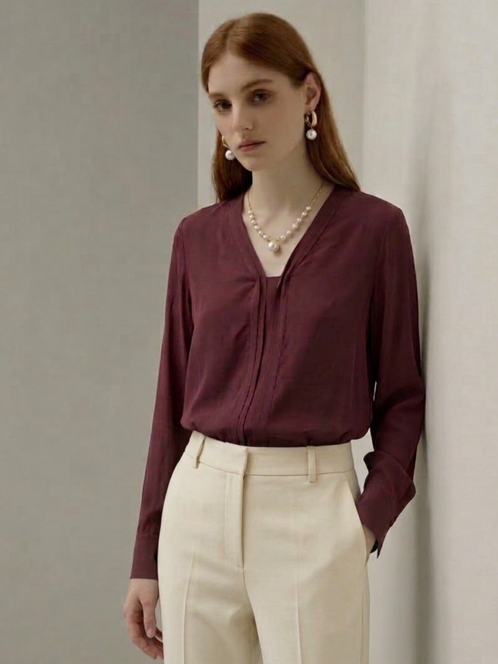 Vince Brushed Silk Dark Plum V-Neck Long-Sleeve Blouse Size M